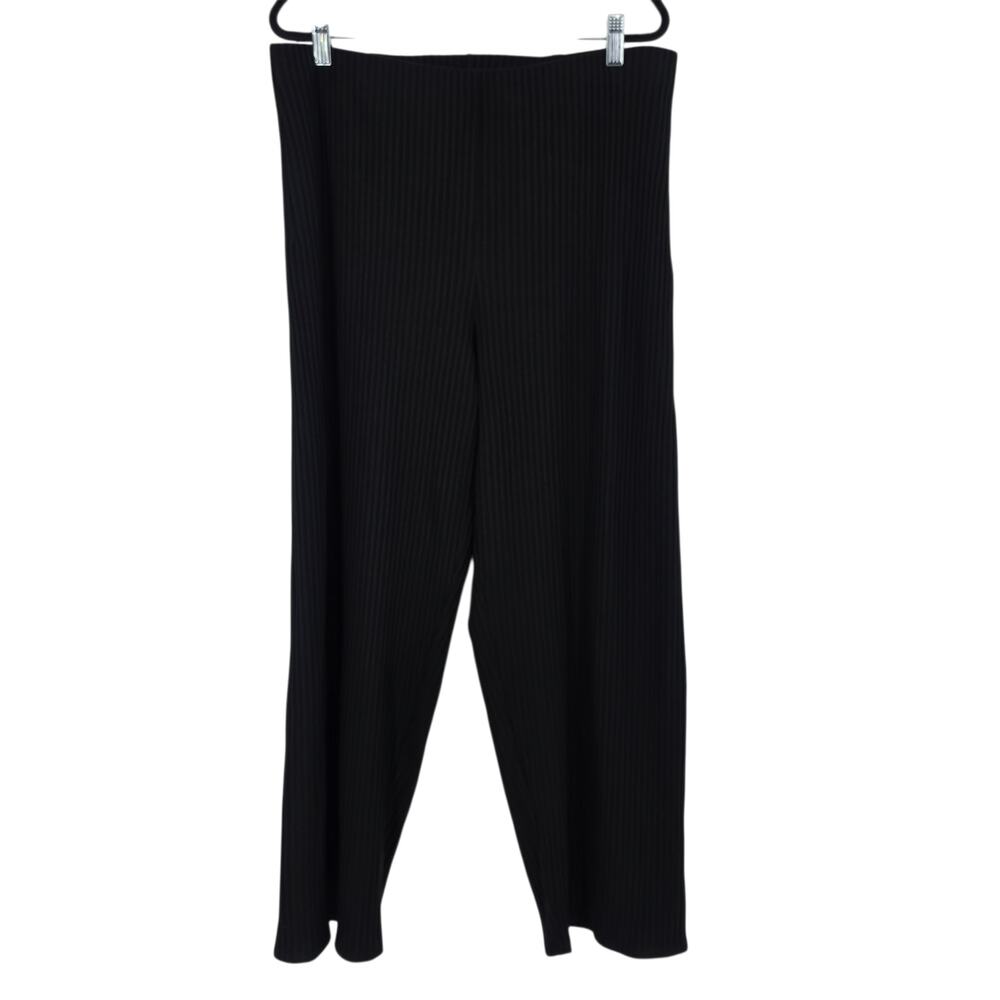 NWOT Eileen Fisher Black Stretch Rib Knit Wide Leg Elastic Waist Pant Size L
